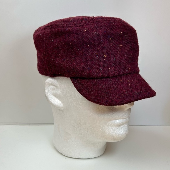 World Market Women’s Wool Blend Hat Burgundy 6 7/8 Speckled Cadet Military Style - Picture 2 of 10